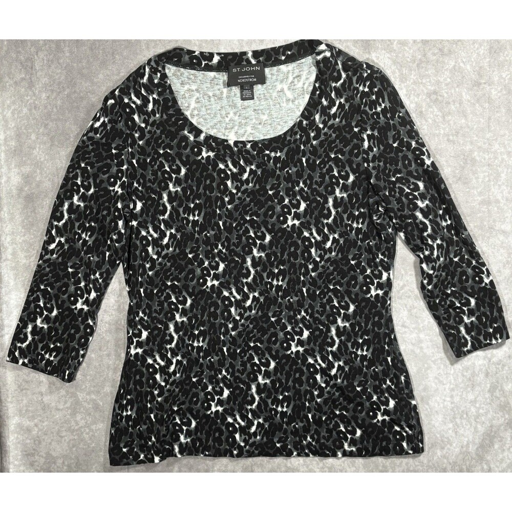 ST JOHN Top Womens Large Animal Print Black White Rayon Spandex